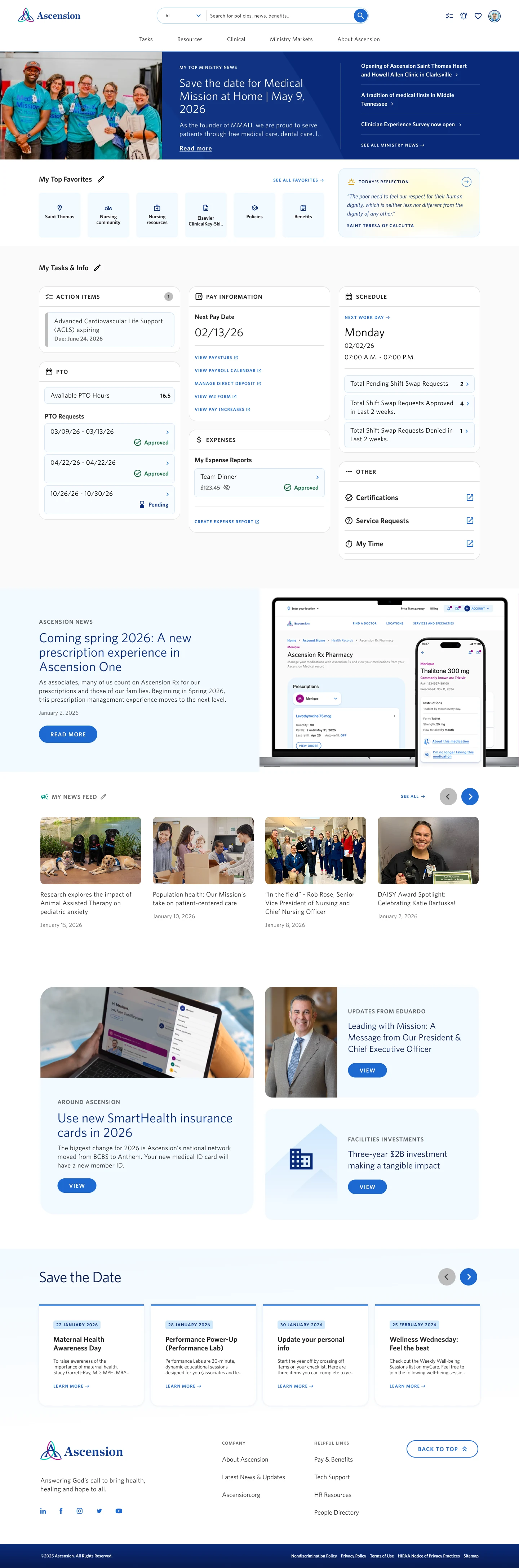 Associate homepage design · Pay, time off, schedule, expenses, and personal task links.