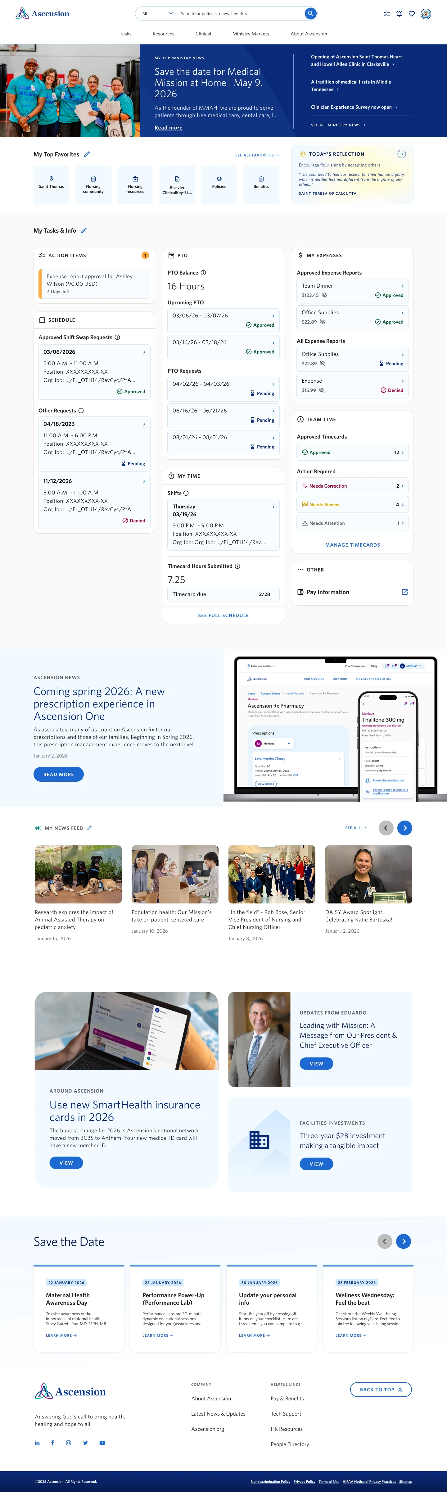 OurAscension employee intranet with Favorites, personal tasks, and Team Time