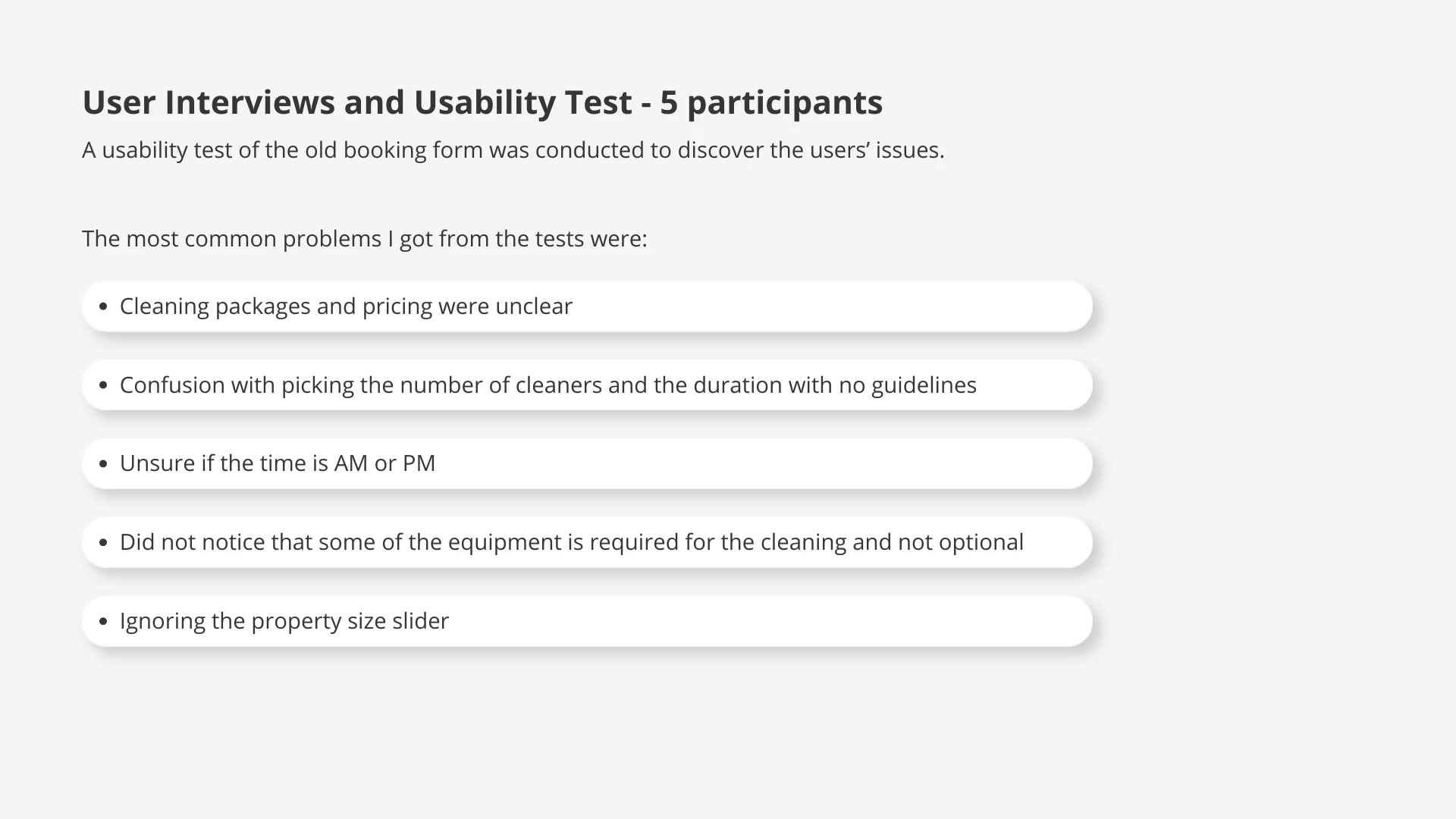 The original research summary documents usability issues identified with five participants.