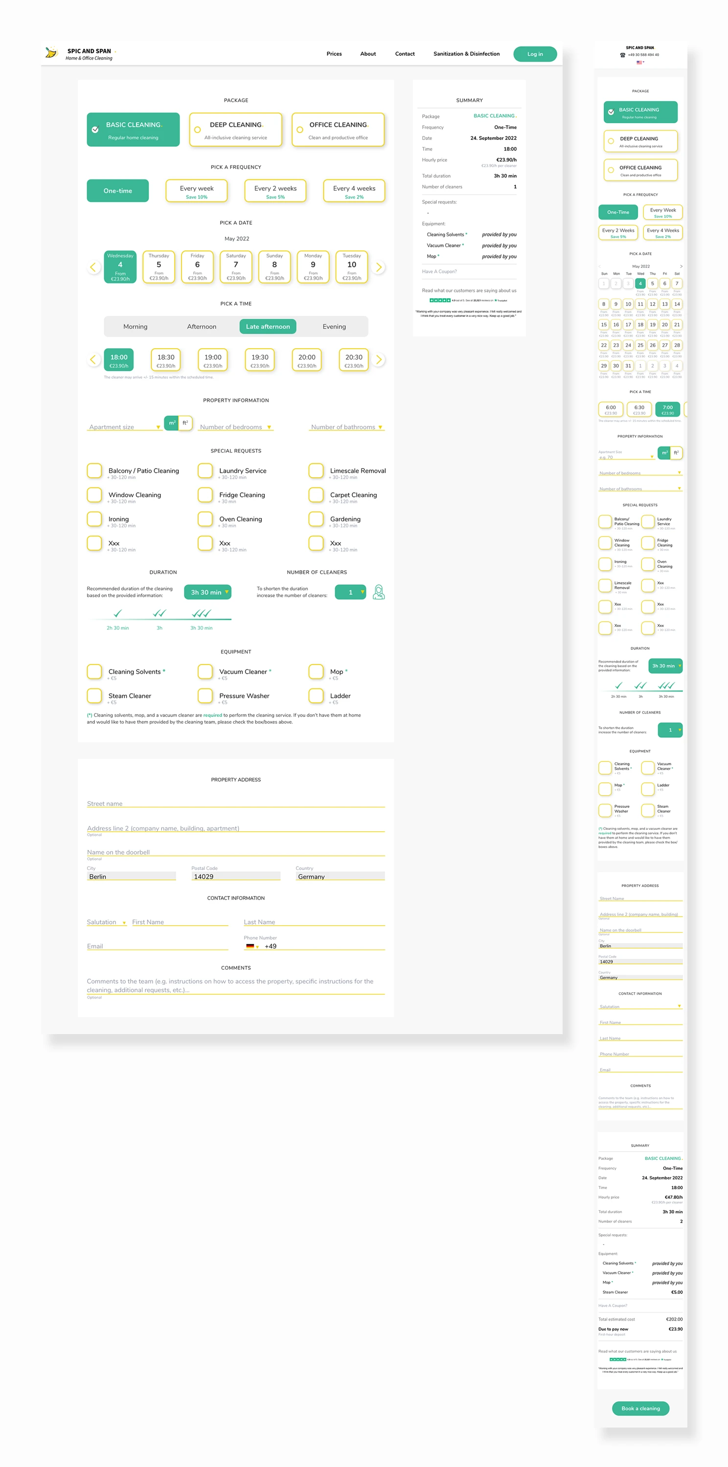 Desktop and mobile booking layouts, with consistent selection patterns and a booking summary.