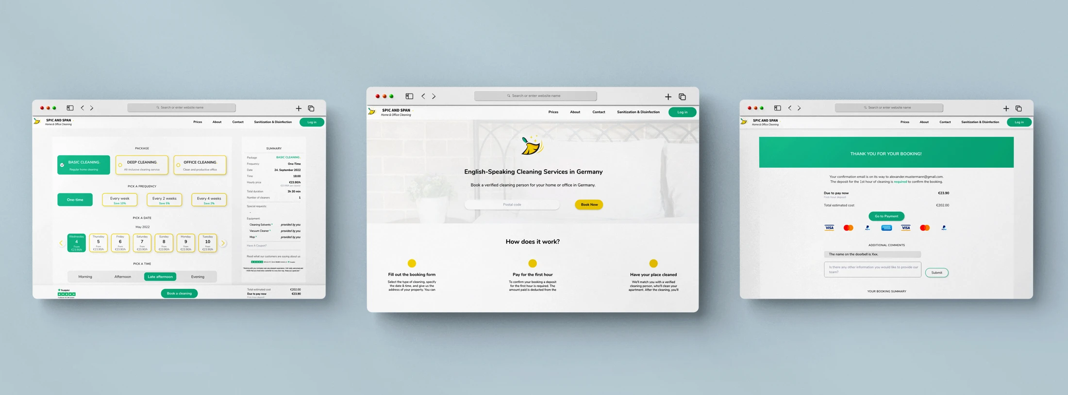 The booking experience across service configuration and subsequent screens.