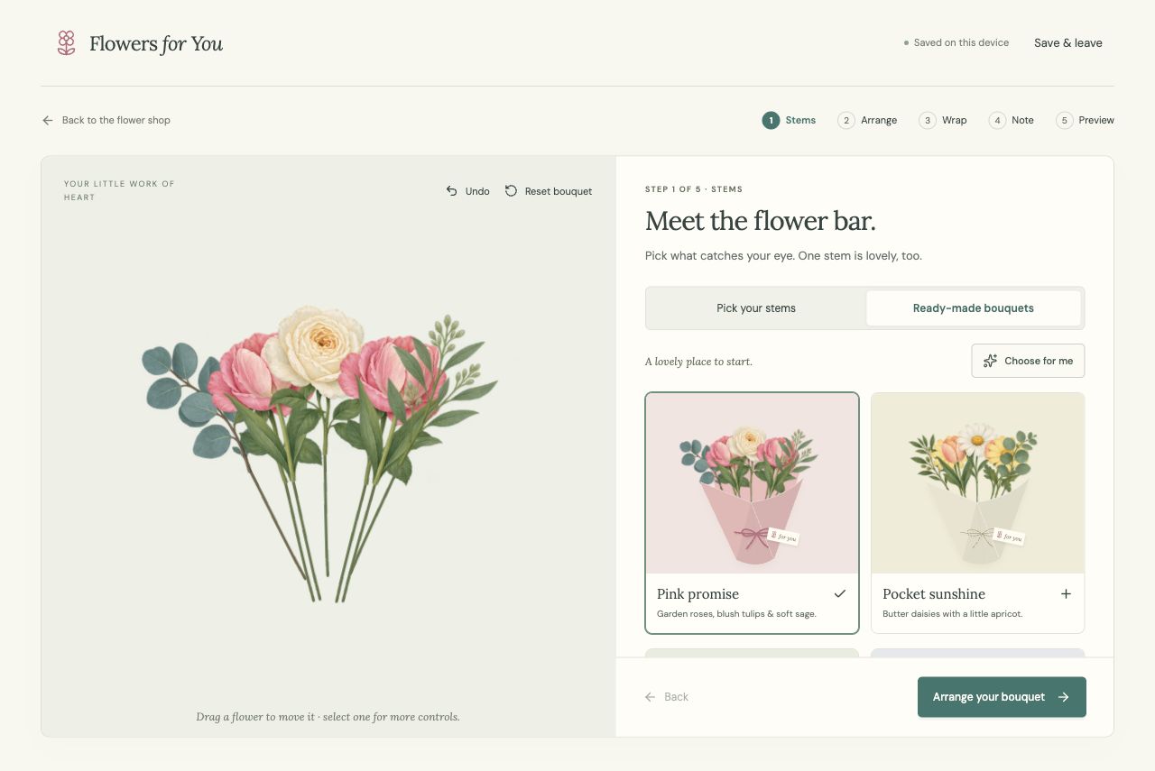 Bouquet builder showing a custom arrangement alongside four ready-made options: Pink promise, Pocket sunshine, Meadow day, and Lilac daydream