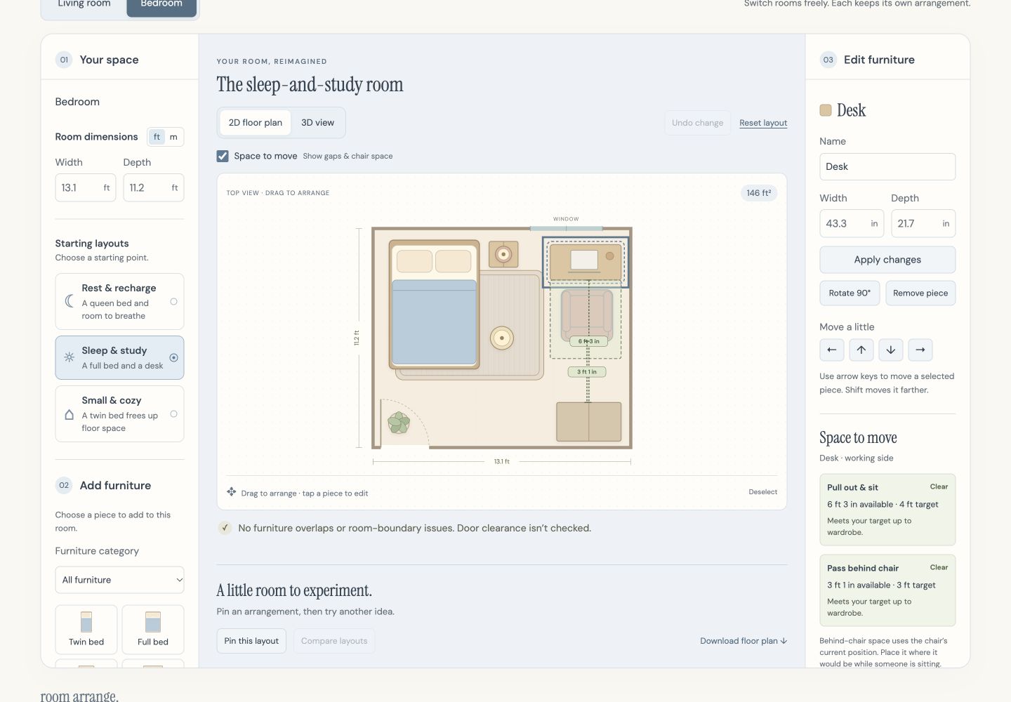 Bedroom floor plan showing measured gaps and the space needed to pull out a desk chair