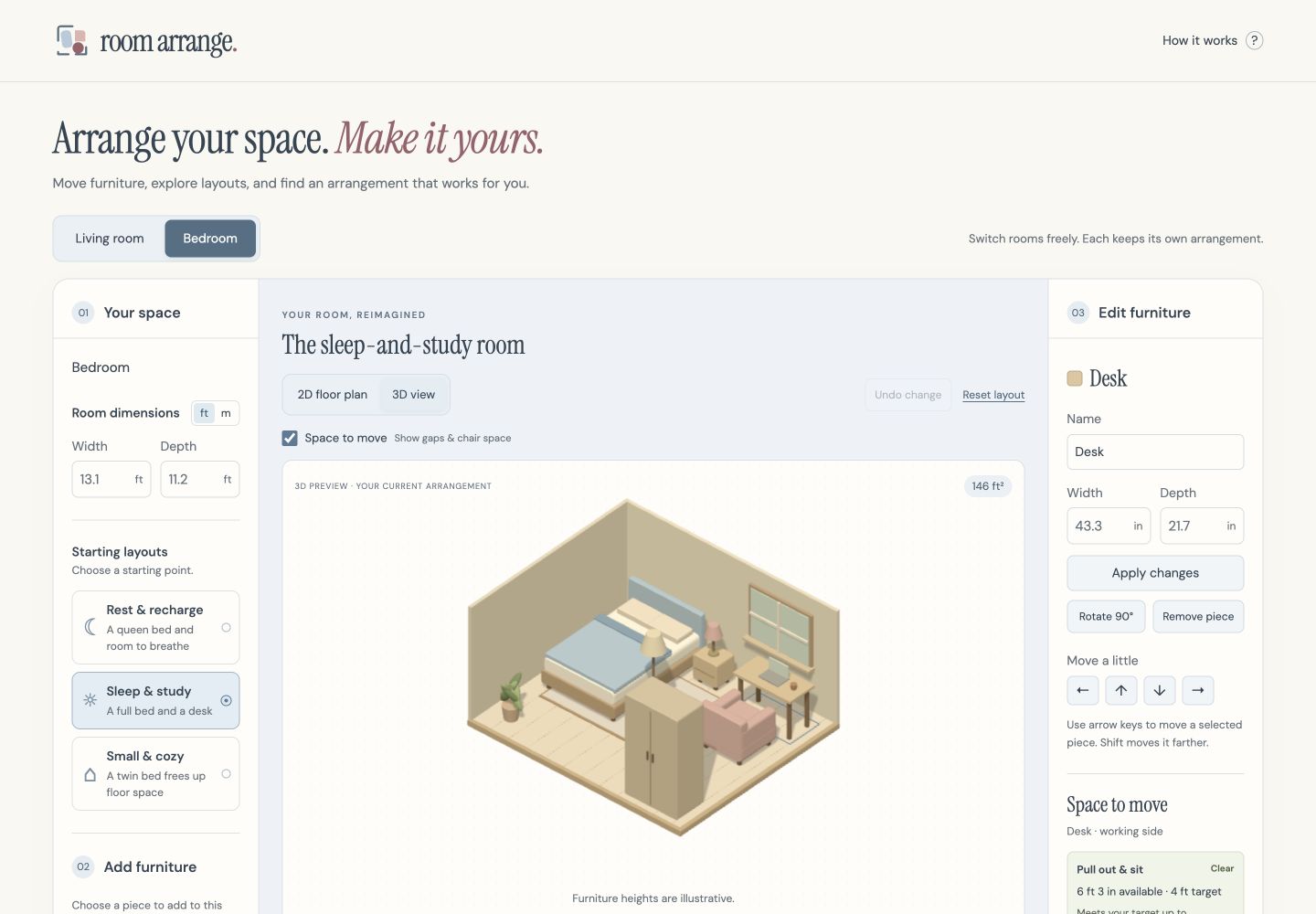 Room Arrange bedroom planner, with a 3D room, furniture library, and desk-clearance feedback
