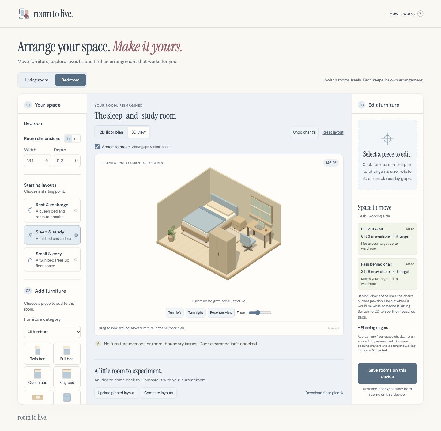 The Room to Live planner with room dimensions, furniture choices and a 3D preview